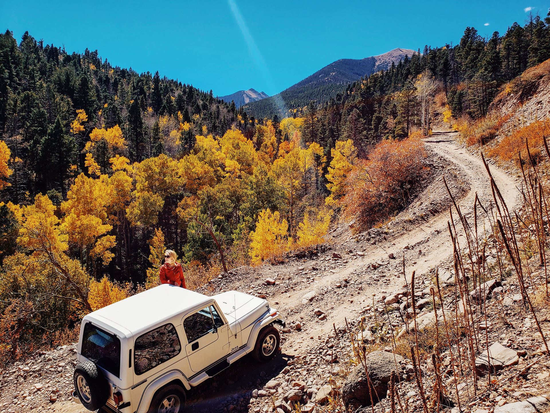 white woman beside parked SUV on rugged mountain road